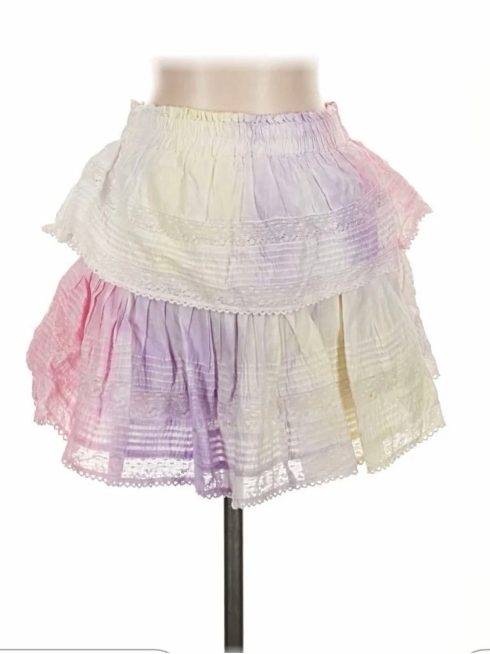 LoveShackFancy Pastel Tie-Dye Tiered Ruffle Mini Skirt - White, Pink, Purple